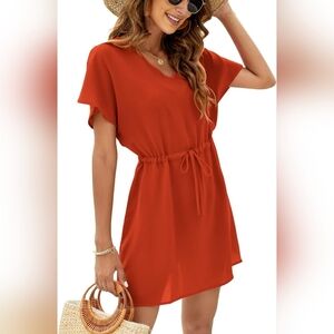 Bluetime Women's Red Casual Swim Cover Up V-Neck Tie Waist Dress Size L NWT